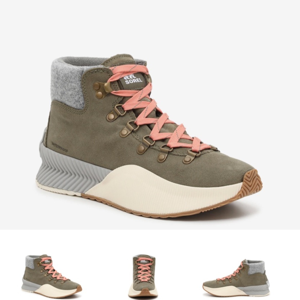 Sorel Olive Green Suede Lace-Up Ankle Boot with Pink Laces